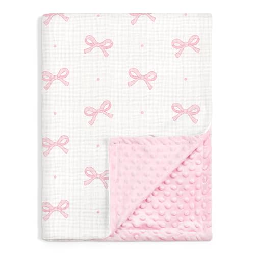 Bow Baby Blankets for Girls, Soft Nursery Minky Blankets with Muslin and Dotted Fleece Back 30x40 inches, Receiving Bed Quilt for Newborn, Infants, Toddlers