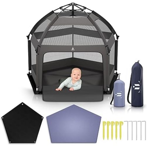 Pop Up Playpen for Babies and Toddlers - Foldable Baby Playpen with Canopy (UPF50), Mat, Wind Shade & Carry Bag - Durable Baby Beach Tent, Portable Baby Play Yard for Indoor and Outdoor