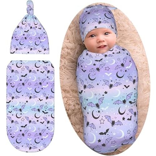 Gothic Bat Goth Baby Stuff Swaddle Blanket With Beanie Set, Star and Moon Print Swaddle Sack Newborn Sleeping Sacks For Girls Boys
