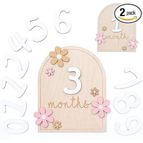 Baby Monthly Milestone Cards - Wooden Monthly Milestone Discs - Newborn Photography Props to Document Your Baby´s Growth - Baby Announcement Sign (AA Flower)