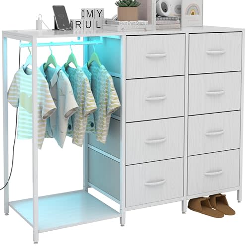 Dresser with Clothes Rail Dresser with Hanging Rack Led Lights and Charging Station Wardrobe Dresser with 8 Fabric Chest Wood Top Dresser Organizer for Bedroom Living Room Hallway Closet (White)