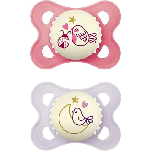 MAM Night Pacifiers (2 Pack, 1 Sterilizing Pacifier Case), MAM Pacifiers 0-6 Months, Best Pacifier for Breastfed Babies, Glow in the Dark Pacifier, Baby Girl Pacifier