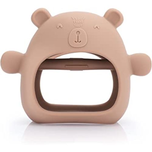 Baby Teether Toy for Infants 3+ Months， Bear BPA Free Anti-Drop Silicone Mitten Teething Toy for Soothing Pain Relief, Silicone Mitten Teether for Sucking Needs (Brown)
