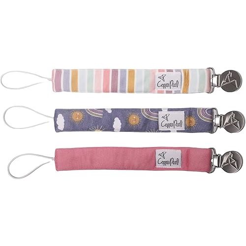 Copper Pearl Premium Knit Pacifier Holders 3-Pack: Stylish Stainless Steel Clips for Baby Girls and Boys - Prevent Floor Drops - Hope