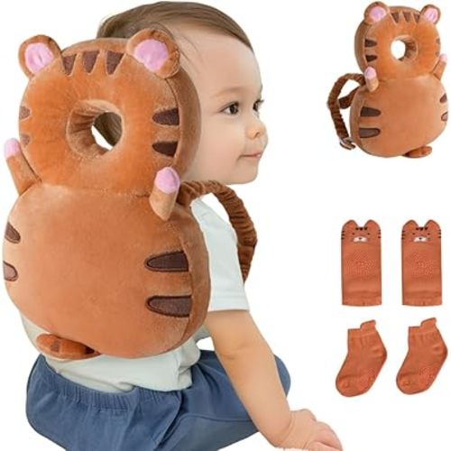 Baby Head Protector Backpack (9 to 24 Months) - Cute Head Guard Pillow with Knee Pads and Socks, Baby Shower Gift, Baby Safety Set, Toddler Head Cushion Backpack, Baby Gift, Brown Tiger