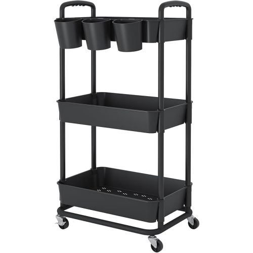 JIUYOTREE 3-Tier Plastic Rolling Storage Cart Utility Cart with Extra Hanging Cups Handles Lockable Wheels for Living Room Bathroom Kitchen Office Black