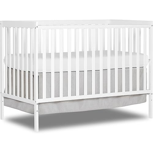 Dream On Me Synergy 5-In-1 Convertible Crib In White, made of New Zealand Pine wood, JPMA & Greenguard Gold Certified, features 3 mattress height settings