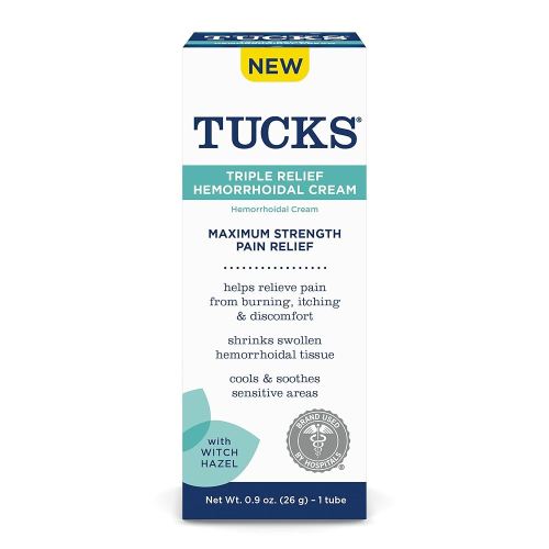 Tucks Triple Relief Hemorrhoidal Cream, Maximum Strength Pain Relief from Burning, Itching and Discomfort, with Witch Hazel, Treatment, Brand Used by Hospitals, 0.9oz. (26g)