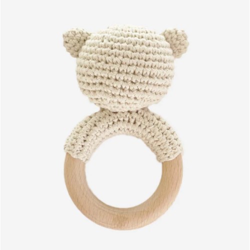 Baby Rattle Teether Crochet Wooden Ring Bear Cream – The Blueberry Hill