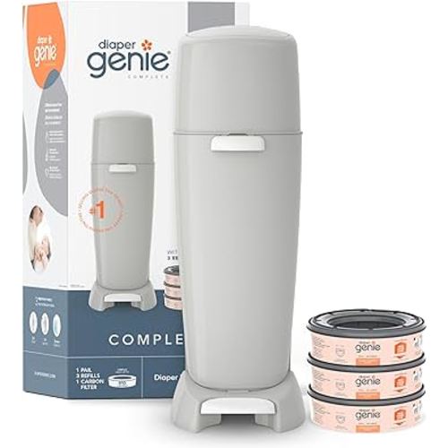 Diaper Genie Complete Diaper Pail (Grey) with Odor Control | Includes 1 Diaper Trash Can, 3 Refill Bags, 1 Carbon Filter, 4 Piece Set