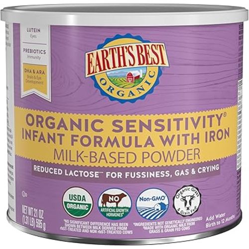 Earth's Best Organic Sensitive Baby Formula for Babies 0-12 Months, Reduced Lactose Powdered Infant Formula with Iron, Omega-3 DHA, and Omega-6 ARA, 21 oz Formula Container