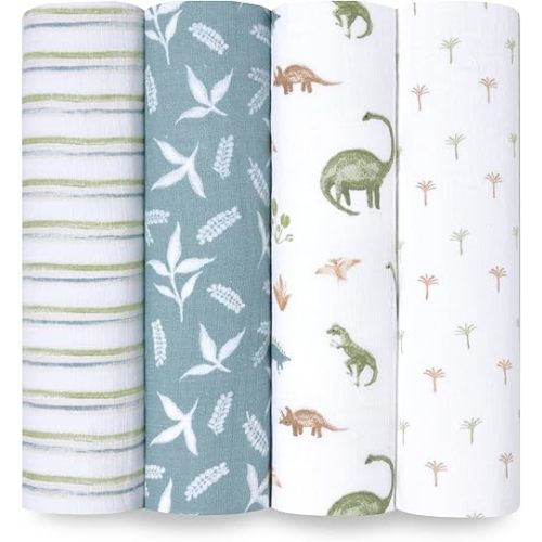 aden + anais Essentials Disney Baby Muslin Swaddle Blankets, Newborn Receiving Blanket for Swaddling, 100% Cotton Baby Swaddle Wrap, 4 Pack, Dino Jungle