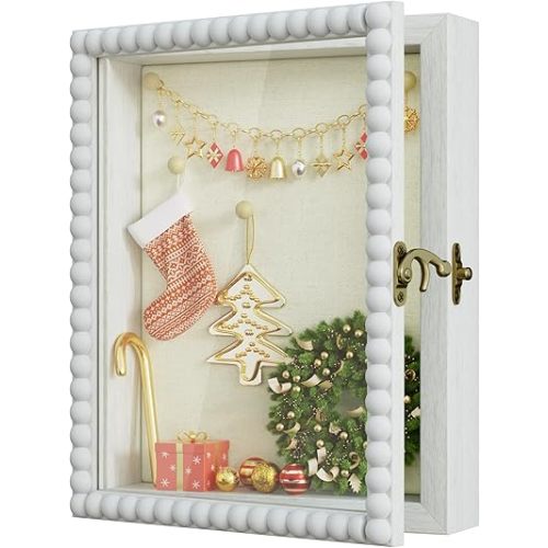 Love-KANKEI Shadow Box Frame 8x10,Wood Deep Shadow Box Display Case with Unique Beads Door and Glass Window, Memory Box for Pictures,Medals,Memorabilia,Collections White