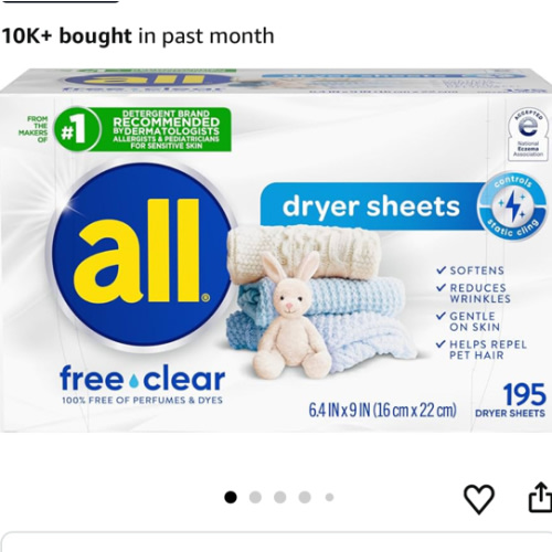 all Fabric Softener Dryer Sheets for Sensitive Skin, Free Clear, 195 Count