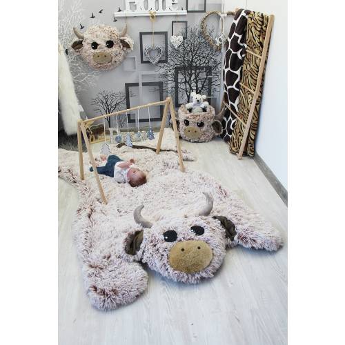 Cow Nursery Rug, Farm Animal decor, Faux Fur New Baby Gift, Woodland Kids Rug Delight, Featured in Frosted White/Brown, Size 58&quot; x 48&quot;