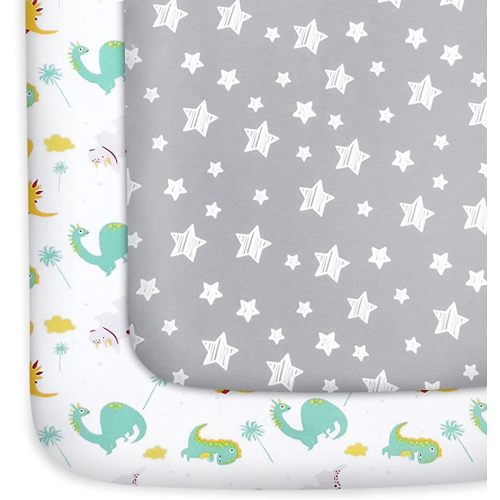 Pack and Play Sheets, 2 Pack Mini Crib Sheets, Stretchy Playard Fitted Sheet, Compatible with Graco Pack n Play, Soft and Breathable Material, Dinosaur and Grey Star