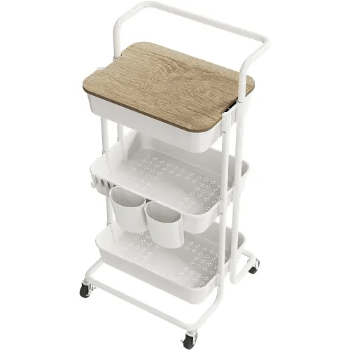DTK 3 Tier Rolling Utility Cart with Cover Top Board, Movable Kitchen Storage Cart Trolley with Lockable Wheels, Cups, Hooks for Kitchen Bathroom Home Office Art Craft Storage and Organization(White)