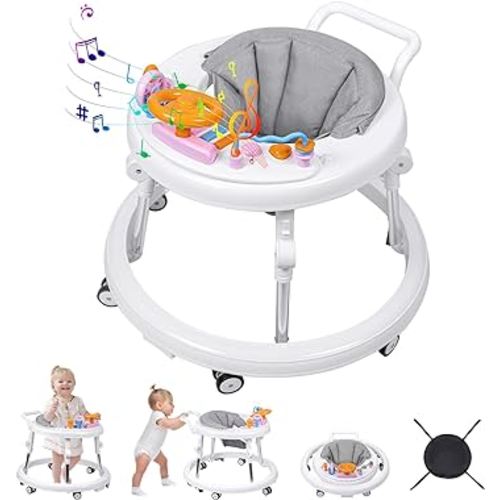 Baby Walker, Foldable 9-Gear Height Adjustable Baby Walker with Wheels, Infant Toddler Walker with Music Disk, Anti-Fall Baby Walkers and Activity Center with Foot Pads for Boys and Girls 6-24 Months