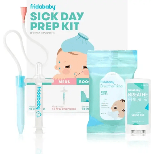 Frida Baby Sick Day Prep Kit, Sick Baby Essentials Includes NoseFrida Nasal Aspirator, MediFrida Pacifier Medicine Dispenser, Breathefrida Vapor Chest Rub + Snot Wipes, Soothe Stuffy Noses for Babies