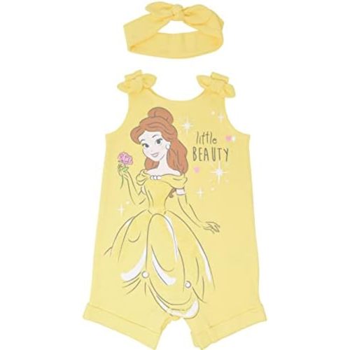 Disney Princess Rapunzel Ariel Belle Jasmine Aurora Baby Girls Snap Romper and Headband Newborn to Toddler