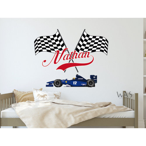 Personalized Race Car Flags Wall Decal, Boy Nursery Racing checkered Vinyl Sticker,Racing Flag With Name, Formula Cars Decals For Kids Room
