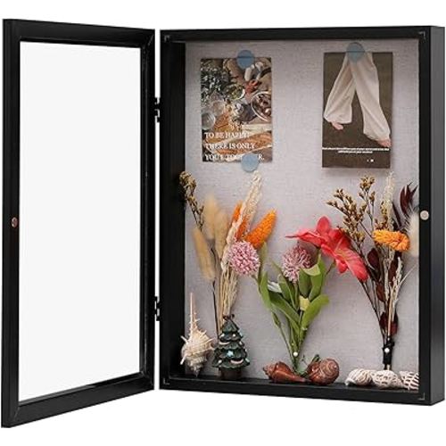 8x10 Shadow Box Frame with Linen Back, Wood Glass Display Case for Medals, Photos, Memorabilia, Awards - Pins Included- Black