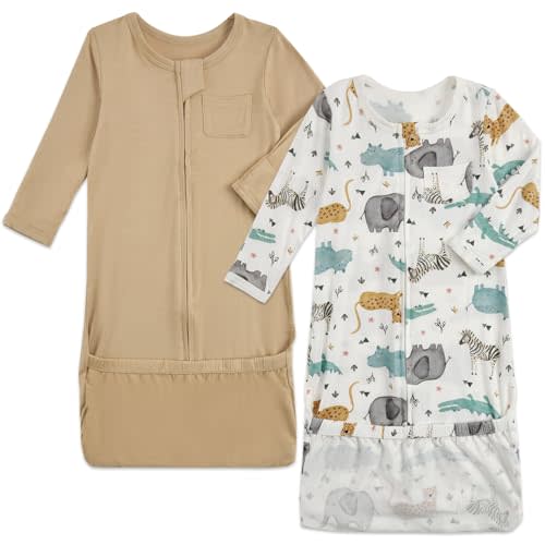Aablexema Baby Nightgowns Rayon of Bamboo, 2Pcs Newborn Sleeper Gown with 2-way Zipper, Flip Mittens & Foot Cover