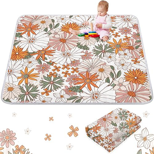 Wesiti Floral Portable Baby Play Mat 50 x 50 Washable Foldable Crawling Mat Non Slip Cushioned Kids Play Mats Pad for Floor Playpen Toddler Infants Tummy Time Activity