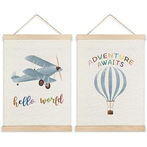 RYYCDOI Hot Air Balloon Airplane Nursery Decor, Baby Boy Nursery Wall Decor, Airplane Hot Air Balloon Decor for Boys Room Nursery Toddler Playroom Hanging Sign, 12x16 Inch Set of 2