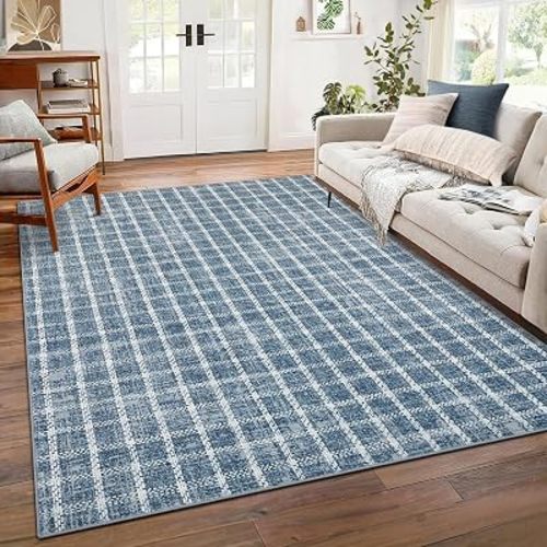 ROYHOME 8x10 Area Rugs for Living Room Light Blue Checkered Rug Washable Rugs Non-Slip Low Pile Stain Resistant Geometric Print Large Plaid Carpet for Bedroom Dining Room Playroom Office Indoor Floor