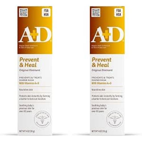 A+D Original Diaper Rash Ointment Prevents & Treats Diaper Rash, Moisturizing Skin Protectant with Vitamins A & D, Healing Skin-Ointment for Dry and Cracked Skin 4oz (Pack of 2)