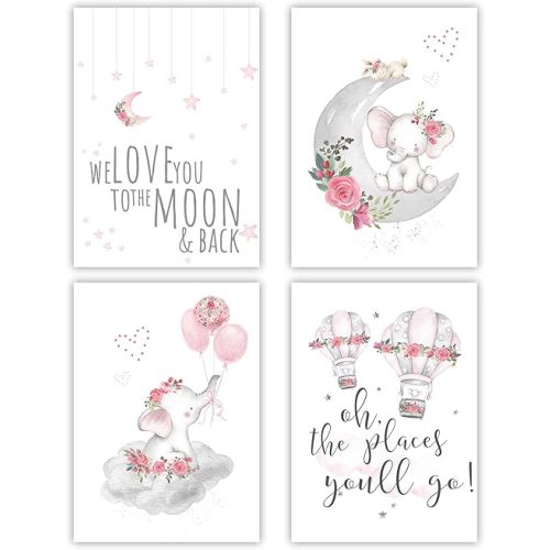 Canssape Set of 4 Elephant Baby Nursery Wall Decor Bedroom Wall Art Hot Air Balloon Prints 8"x10"in Nursery Wall Poster For Kids Room Wall Decor(Unframed)