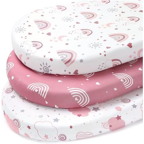 Baby Bassinet Sheets, 3 Pack Fitted Bassinet Mattress Sheets, Compatible with Halo Bassinest Swivel Sleeper & Oval Hourglass Rectangle Mattress, Ultra Soft Pink Rainbow