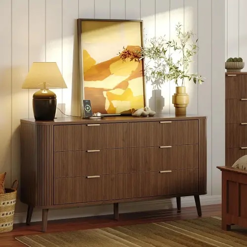 Fluted 6 Drawer Dresser with Charging, 57" Wide Wood Dresser TV Stand, Mid Century Modern Long Dressers with Curved Profile Design for Closet, Bedroom Living Room, Hallway, Entryway, Home Office