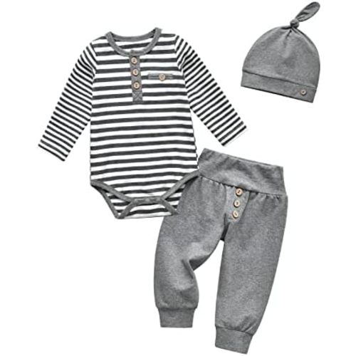 KuKitty Newborn Infant Baby Boy Clothes Long Sleeve Romper + Pants + Hat 3PCS Outfits Set