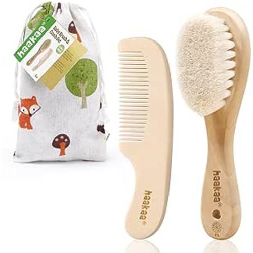 haakaa Baby Hair Brush and Comb Set for Newborns & Toddlers - Natural Soft Goat Bristles and Wooden Handle, Gently Grooms Baby's Hair, Ideal for Cradle Cap, Perfect Baby Gift, 2pk