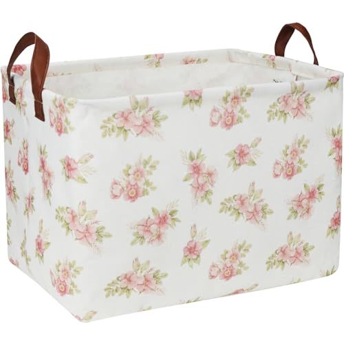 Rectangular Pink Flower Basket for Girls, Storage Bin with Handles, Room Decor, Gift Basket(Pink Flower)
