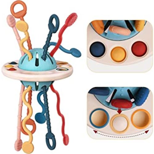 Pichoi Montessori Toys for 1 Year Old, Baby Sensory Toy for 6 Months, Silicone Teething Toy for Toddlers 12 Months, UFO Pull String Activity Toddler Bath Toy for Travel, Boys Girl Birthday