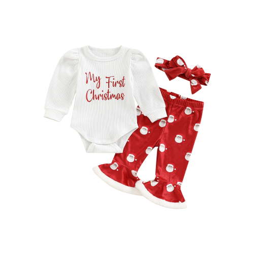 Hirigin Baby Girls Christmas Pants Set, Romper + Santa Claus Pants + Headband