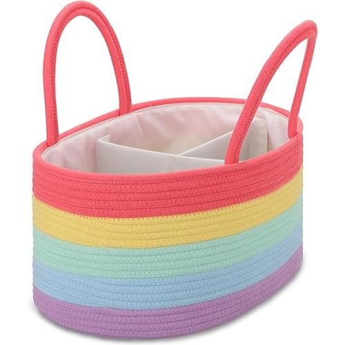 COMSE Large Diaper Caddy Organizer for Girl Boy, Baby Caddy, Car Diaper Caddy with Handles, Cotton Rope Diaper Basket, Gift Baskets Empty, Woven Basket, Rainbow