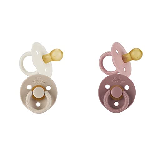Itzy Ritzy Set of 4 Natural Rubber Newborn Pacifiers for Ages 0-6 Months with Cherry-Shaped Nipple in Blossom, Rosewood, Coconut & Toast