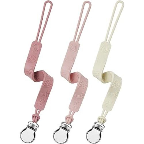 Silicone Pacifier Clip, Seposeve Pack of 3 Baby Pacifier Teether Clip with 4 Texture, Soft Flexible Silicone Pacifier Leashes & Cases for Boy and Girl, Keeps Pacifier Clean, Purple Pink White