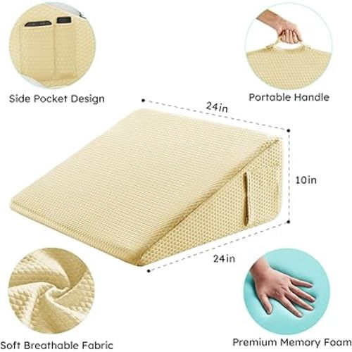 Wedge Pillow for Sleeping, 10 inch Elevated Support Bed Wedge Pillow, Breathable Triangle Pillow Wedge with Cooling Memory Foam Top - Removable Washable Cover, Yellow