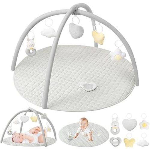 Baby Activity Gyms & Playmats, Tummy Time Mat for Babies 0-6 Month, 6 Detachable Toys for Sensory and Motor Skill Development, Washable Baby Play Mat, Convertible Stage-Based Developmental, Grey