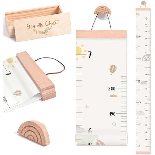 Growth Chart for Wall 7 Ft Height Chart with Keepsake Box & Hook Waterproof Canvas Measure Wall Ruler Removable Neutral Nursery Wall Decor for Baby Kids Toddlers