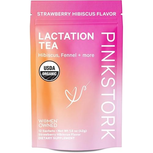 Pink Stork Organic Lactation Tea for Breast Milk Supply and Flow - Breastfeeding Support Tea with Fenugreek, Goat's Rue, Vitamin C, Nursing Essentials - 12 Sachets, Hot or Iced