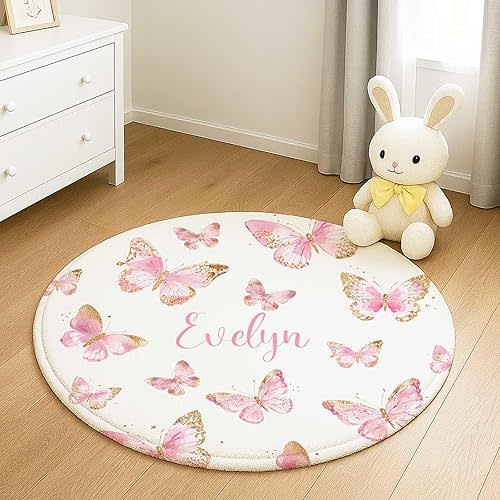 Personalized Baby Rug with Name, Custom Butterfly Pink Round Rug for Girls, Soft Baby Crawling Floor Mat for Nursery, Bedroom & Playroom Decor