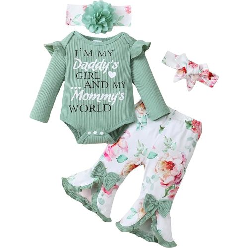 SUNNY PIGGY Newborn Baby Girl Clothes Infant Outfits Romper Floral Fall Outfit Bell Bottoms Pant Sets Hat Headband Flowerpant