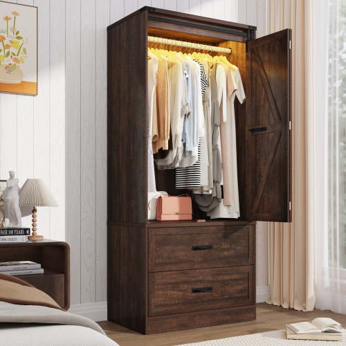 ChVans 72.8''H Armoire Wardrobe Closet with Sensor Light and 2 Drawer, Farmhouse Bedroom Armoire Cabinet with Hanging Rod, Wooden Wardrobe Cabinet with folding sliding barn door for Bedroom