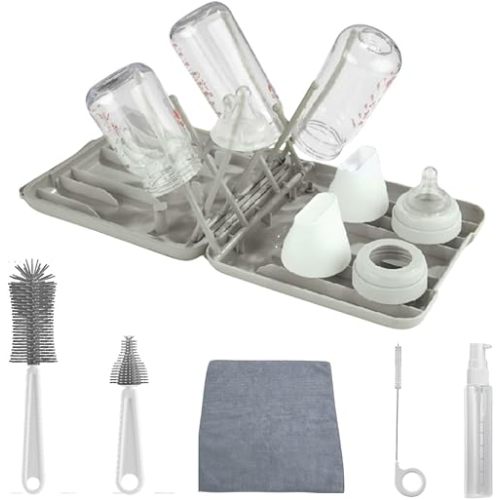7in1 Travel Bottle Cleaner Kit: Baby Travel Essential - Bottle Brush Set with Silicone Bottle Brush, Straw Brush, Nipple Brush, Soap Dispenser - Bottle Cleaning Brush Set, Bottle Drying Rack (Grey)